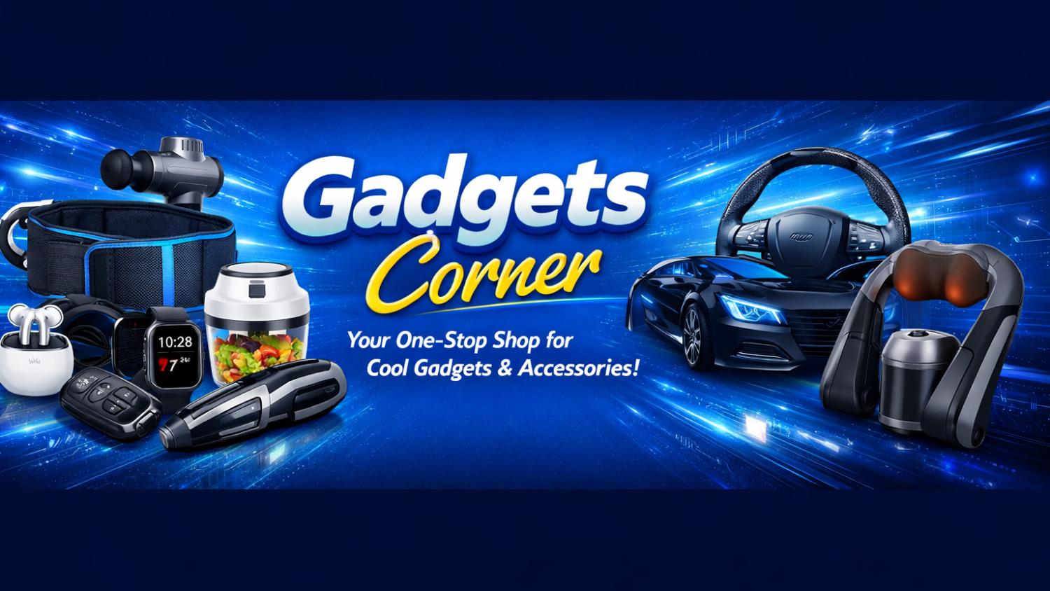 Promotional banner for 'Gadgets Corner' with various gadgets and accessories on a blue background.
